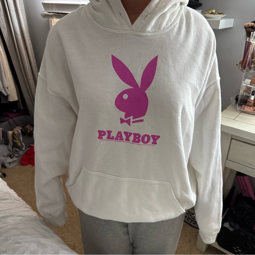 PLAYBOY White Hoodie with Purpleish-Pink Logo